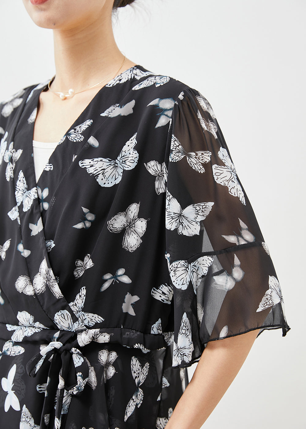 Black Butterfly Drawstring Chiffon Two Pieces Set Summer