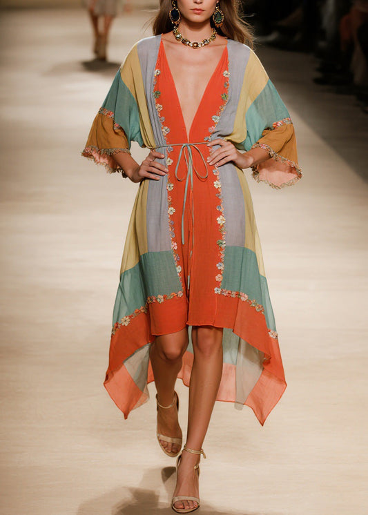 Handmade V Neck Asymmetrical Design Cotton Dress Summer