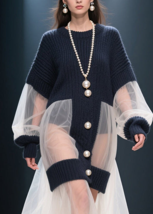 French O Neck Tulle Patchwork Knitted Dress Winter