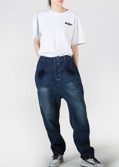 Navy Pockets Patchwork Denim Straight Pants Summer