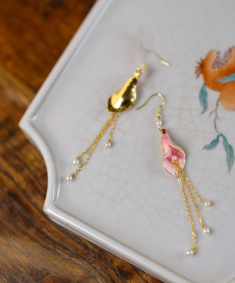 Pink Sterling Silver Overgild Pearl Horseshoe Lotus Tassel Drop Earrings