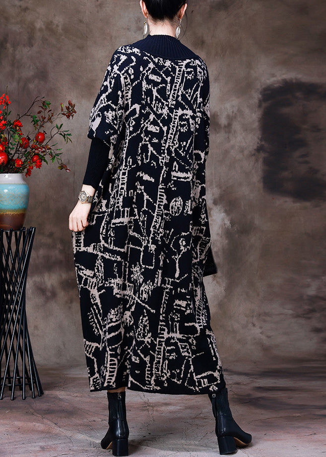 Black Turtleneck Print Knit Patchwork Long Dress Long Sleeve