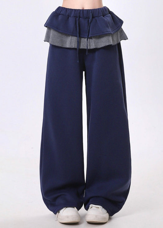 Navy Elastic Waist Patchwork Ruffles Cotton Pants Spring