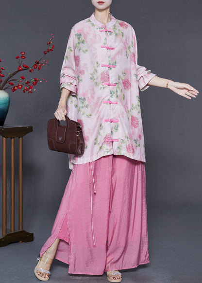 Pink Oversized Chinese Button Cotton Two-piece Set Spring