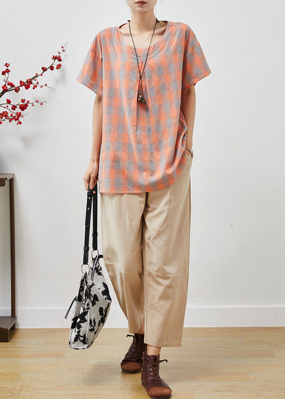 Orange Plaid Fine Linen Two Pieces Set O-neck Oversized Summer