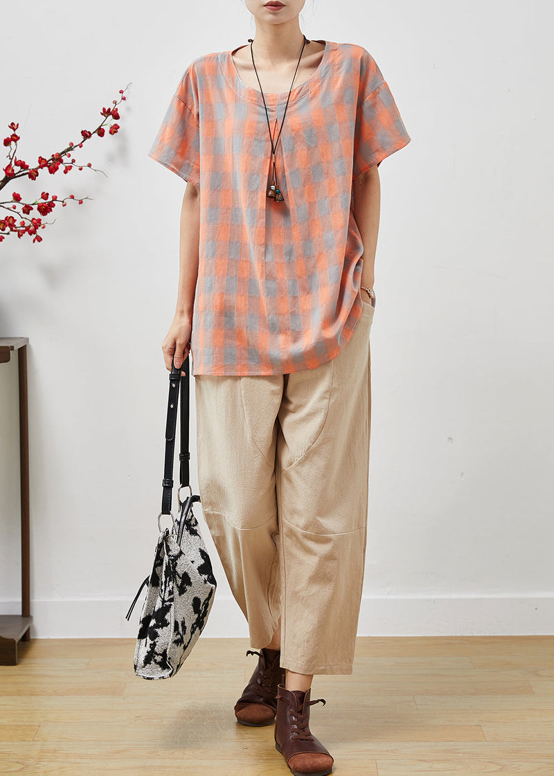 Orange Plaid Fine Linen Two Pieces Set O-neck Oversized Summer