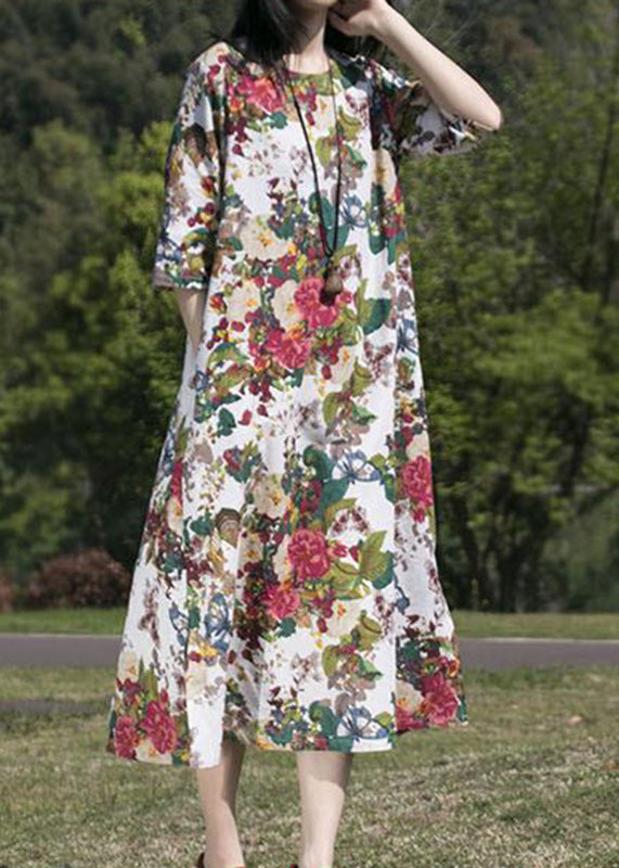 Loose Red O-neck Print Side Open Long Dress Half Sleeve