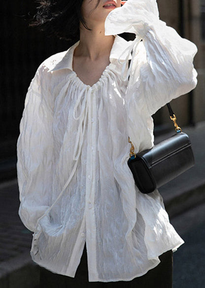 White Peter Pan Collar Wrinkled Neck Tie Button Shirts Long Sleeve