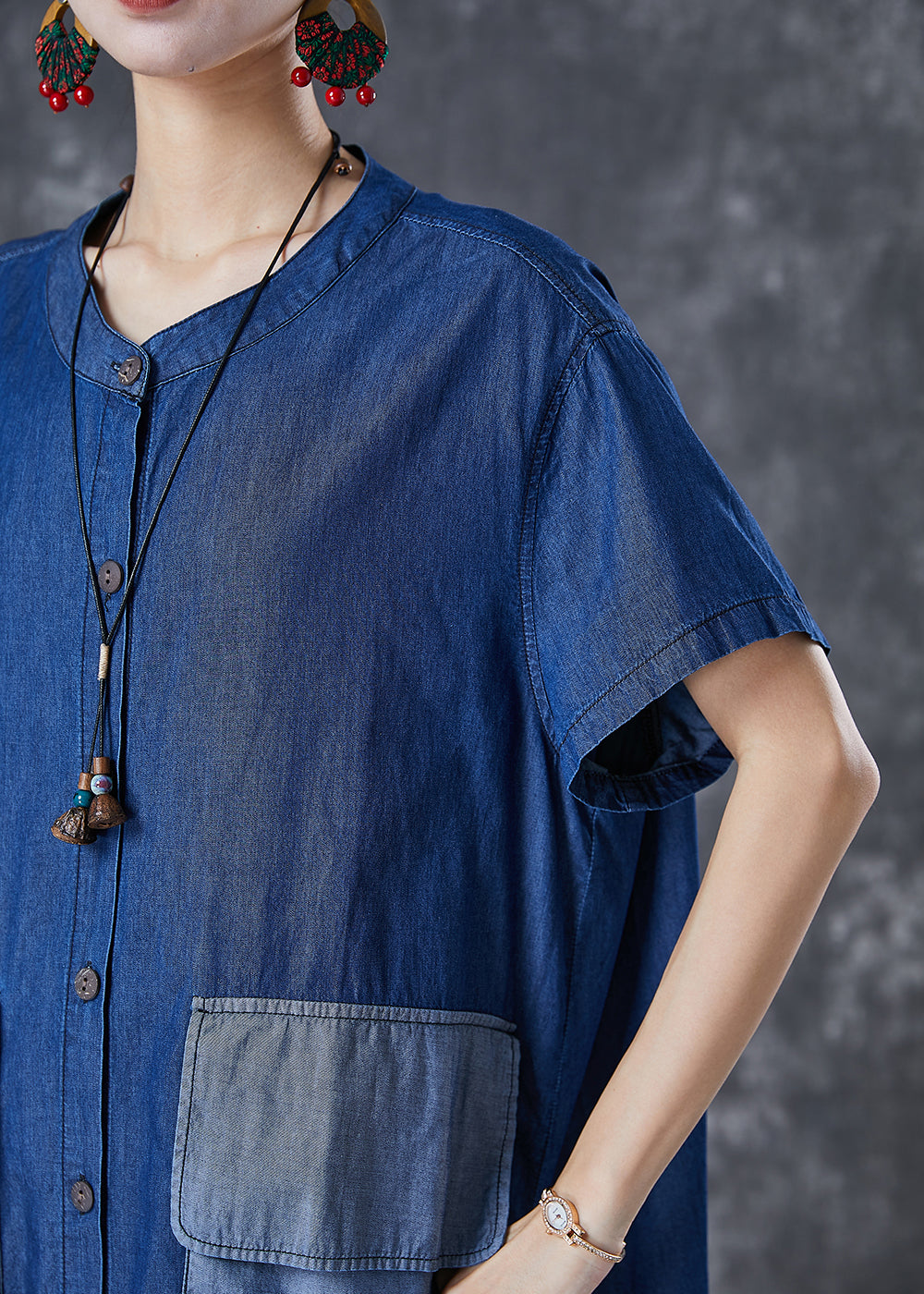 Navy Oversized Patchwork Pockets Denim Maxi Dresses Summer