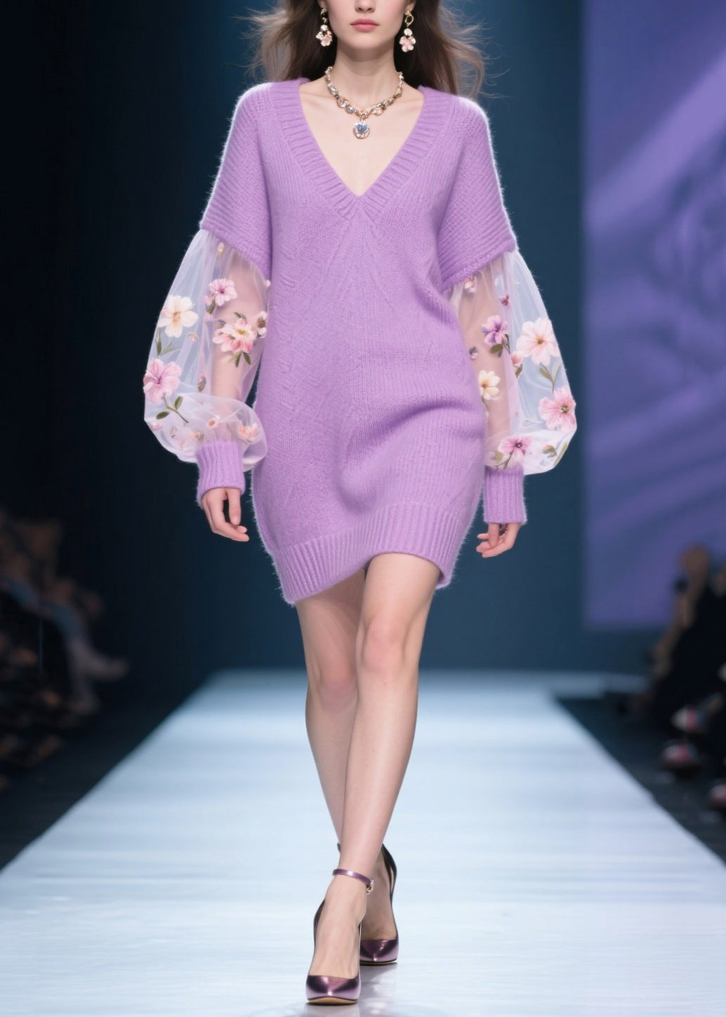 Purple V Neck Patchwork Tulle Knit Sweater Dress Winter
