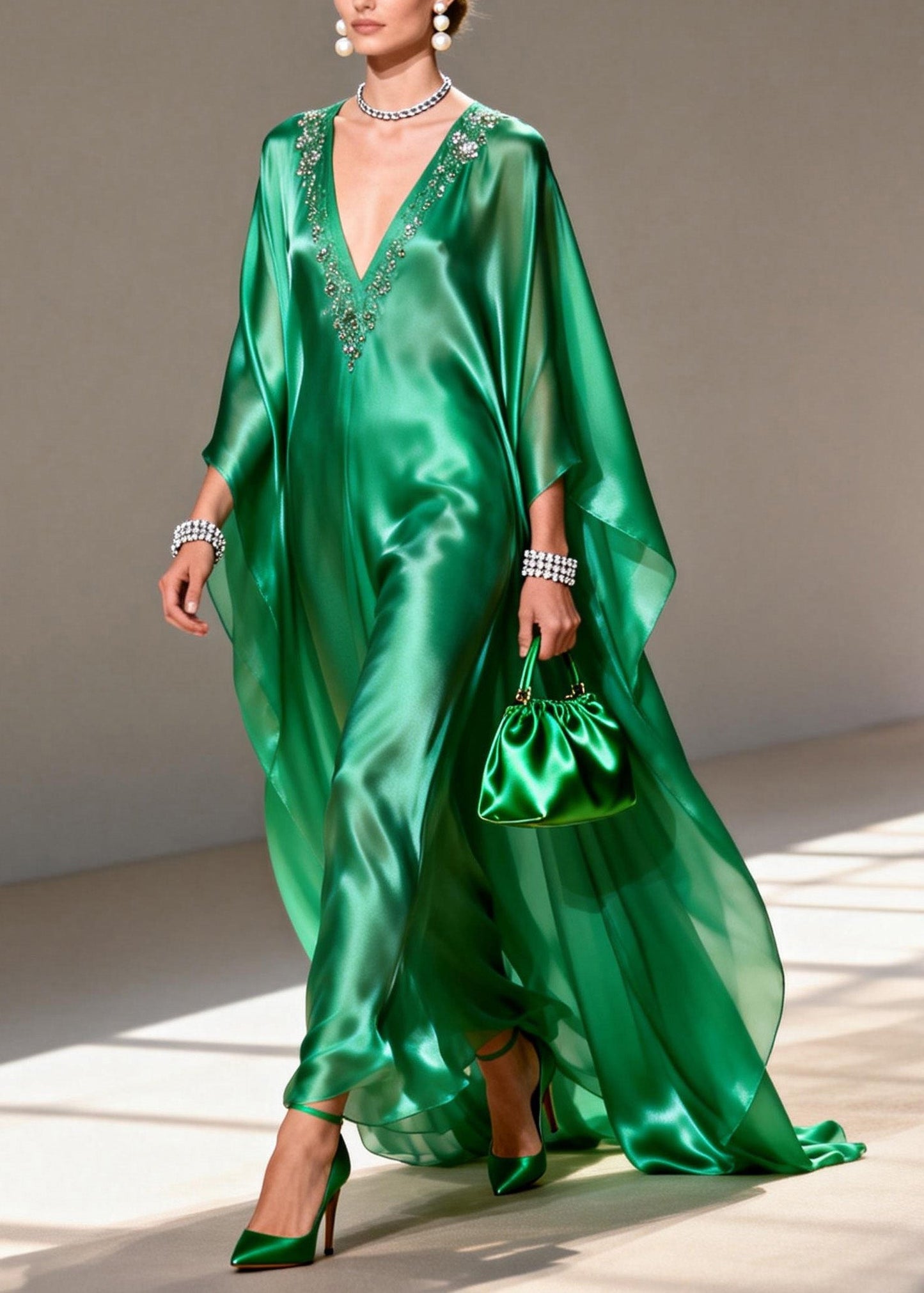 Boutique Green V Neck Zircon Silk Long Dress Spring