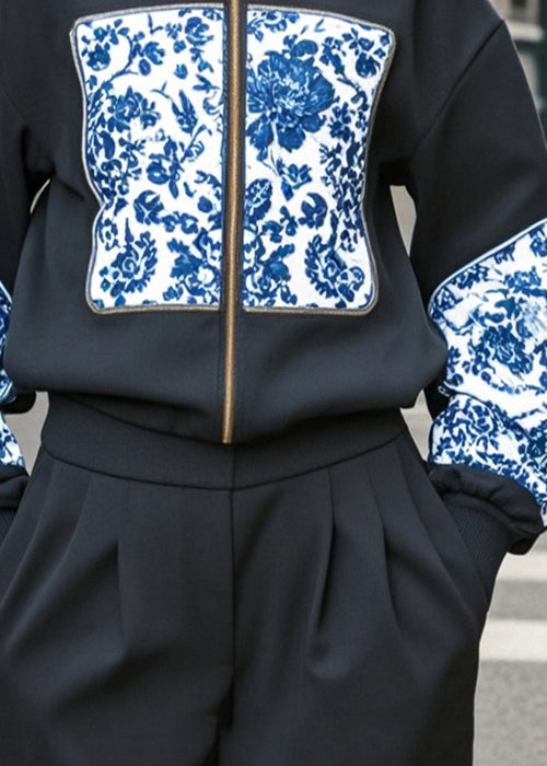 Black Stand Collar Print Cotton Jackets Fall
