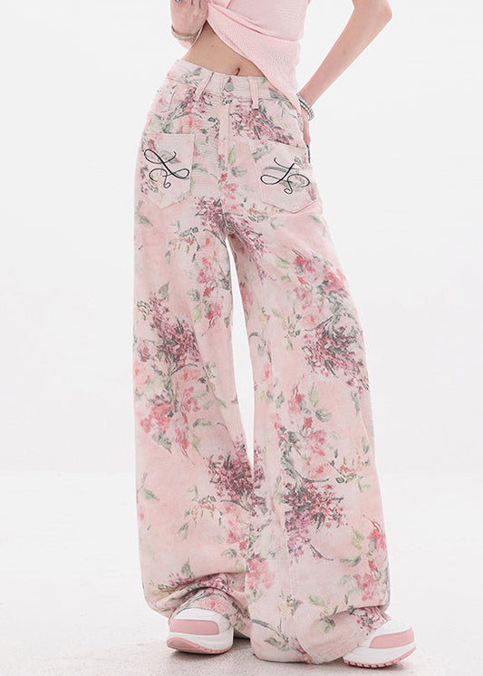 Pink Print Pockets High Waist Denim Wide Leg Pants Fall