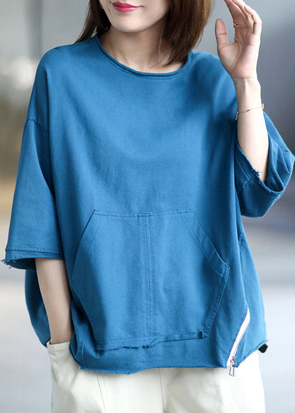 Style Lake Blue O-neck Zip Up Pockets Patchwork Loose Top Half Sleeve