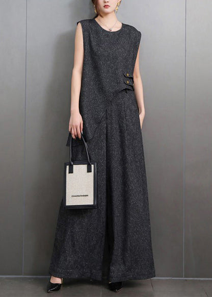 French Navy Asymmetrical Design Denim Two-piece Set Sleeveless