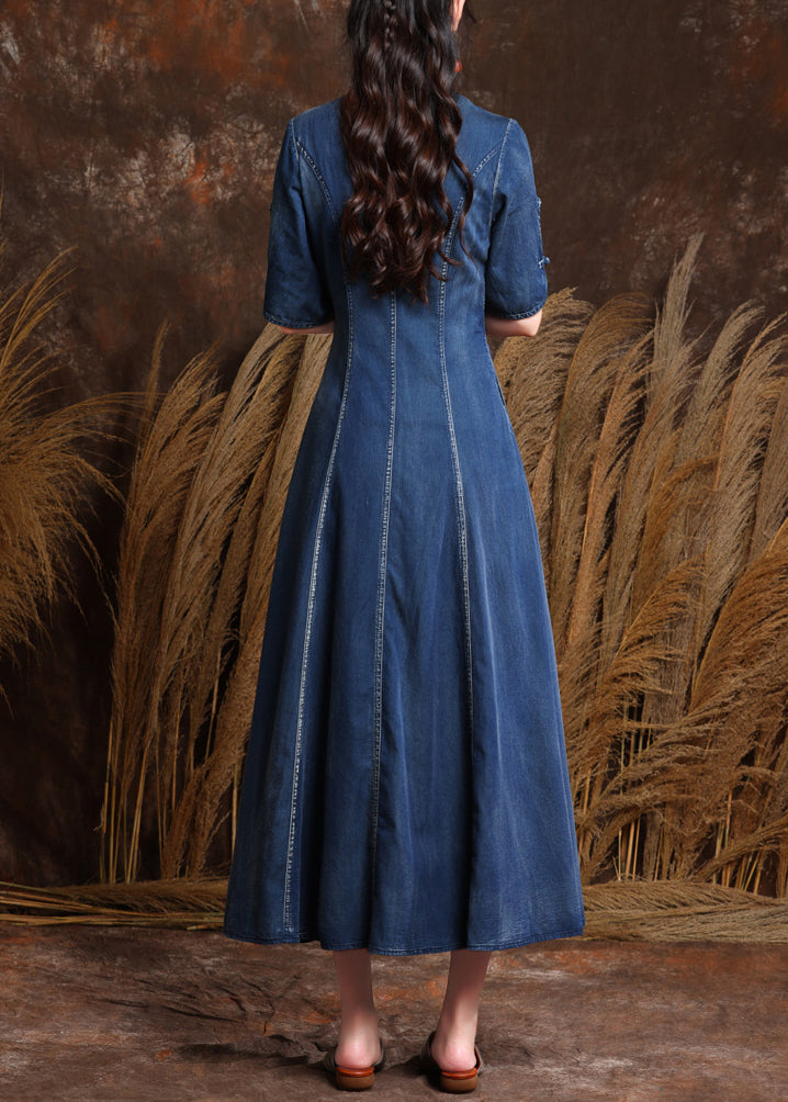 Organic Denim Blue V Neck Embroidered Patchwork Long Dresses Short Sleeve Summer