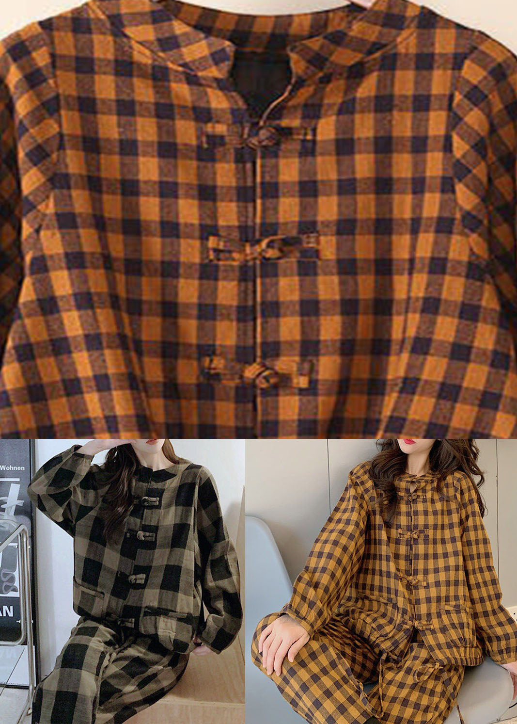 Deep Chocolate Plaid Warm Fleece Two Piece Outfit O-neck Button Spring