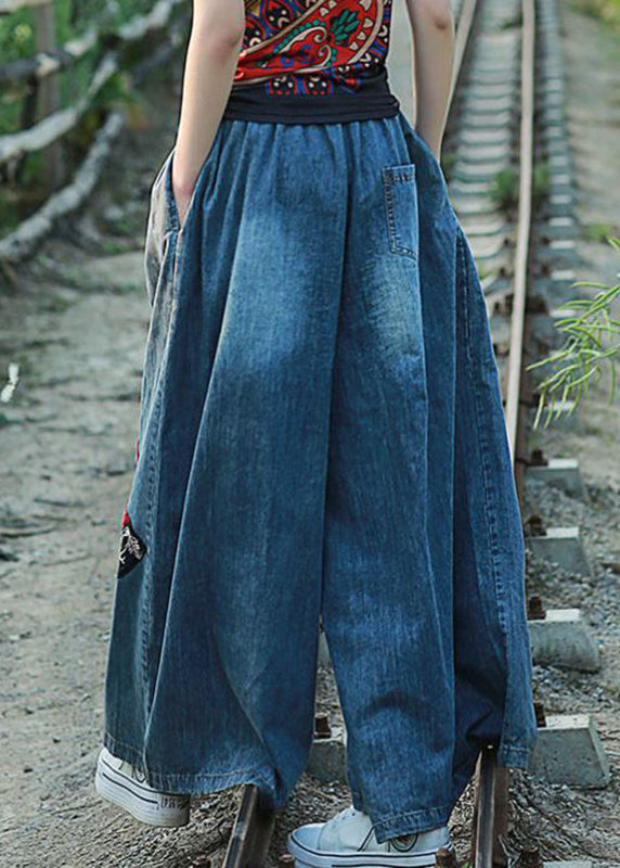 Blue Embroideried Pockets Elastic Waist Tie Waist Wide Leg Pants Summer