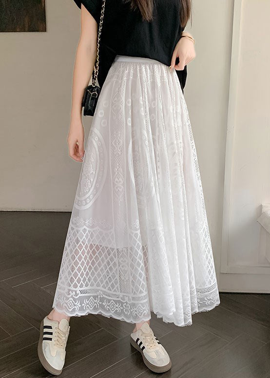 White Hollow Out High Waist Lace Skirt