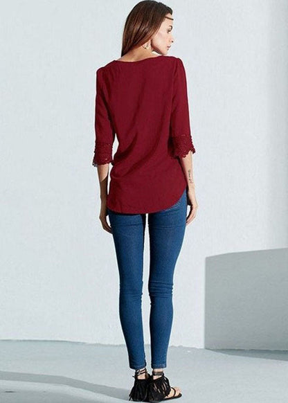 V-neck Pleated Lace Patchwork Three Quarter Sleeve Blouse