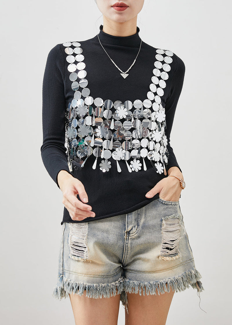 Black Sequins Vest and Shirts Cotton Two Piece Set Clothing Spring