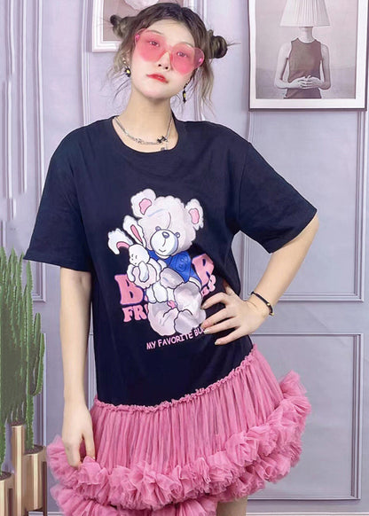 Black O-neck Bear Applique Tulle Patchwork Cotton Pleated Dress Short Sleeve