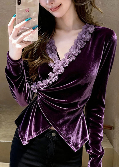 Purple V Neck Velour Shirts Spring