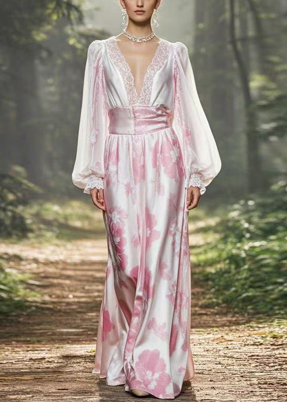 Pink Print High Waist Silk Dress Lantern Sleeve
