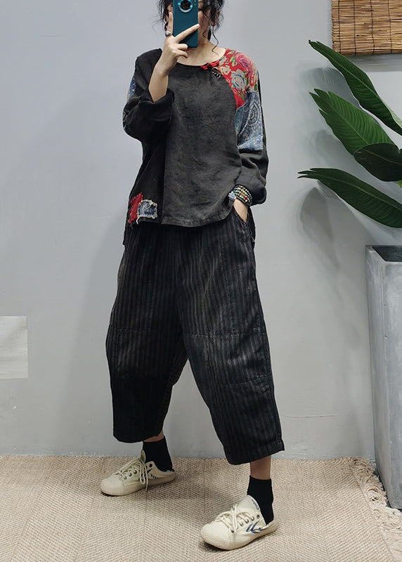 Black Low High Design Linen Blouses Top Long Sleeve