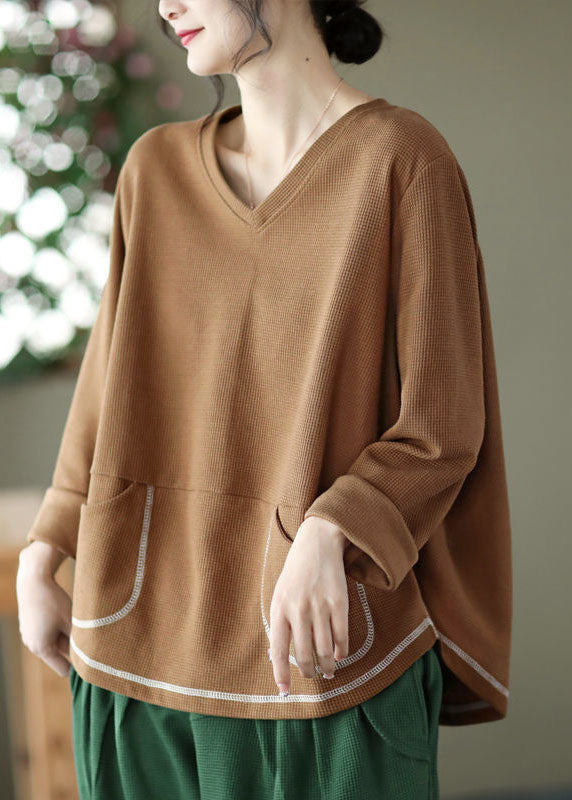 Black V Neck Pockets Patchwork Cotton Sweatshirts Top Long Sleeve