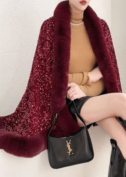 Black Sequins Patchwork Warm Fleece Cape Coat Fur Collar Winter