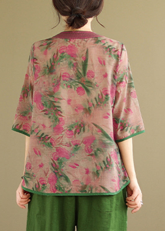 Green V Neck Print Top Bracelet Sleeve
