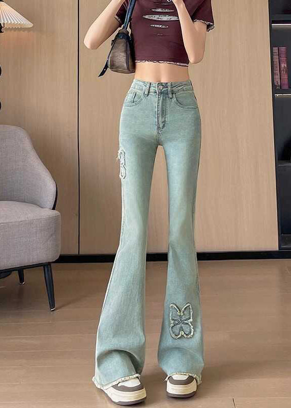 Blue Butterfly Decorated Denim Flare Bottoms Fall