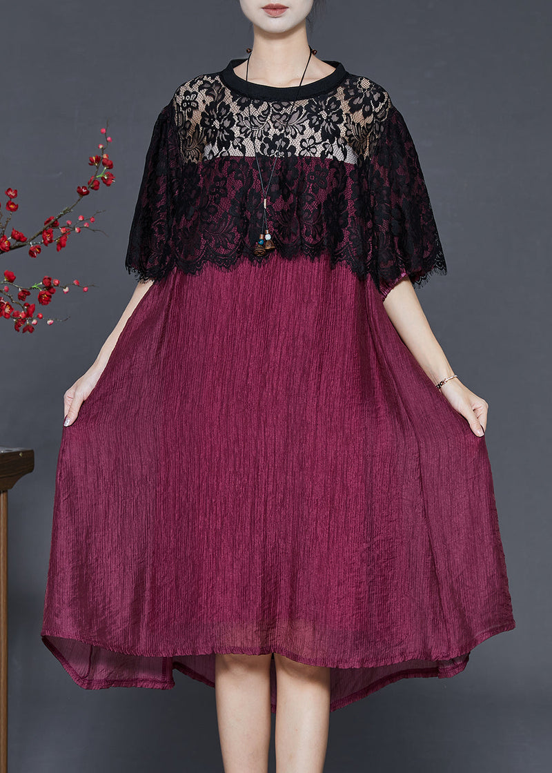 Dull Red Oversized Patchwork Lace Dress Summer