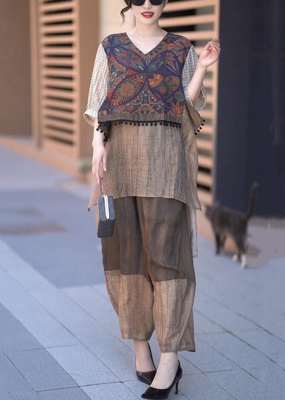 Coffee V Neck Low High Design Patchwork Silk Two Piece Set Half Sleeve
