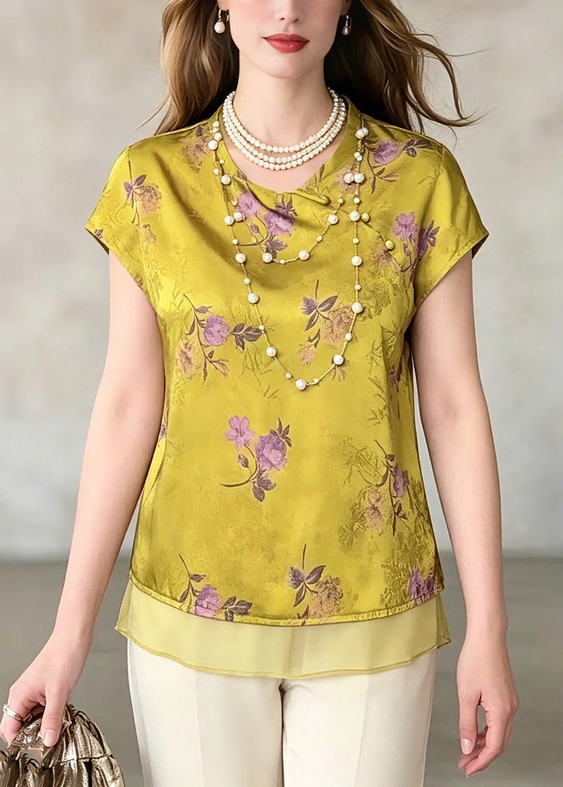 Green O-neck Print Chiffo T Shirt Summer