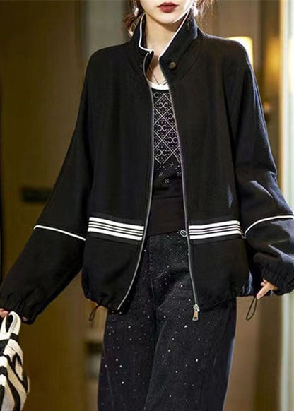 Diy Black Stand Collar Zippered Drawstring Patchwork Jackets Fall