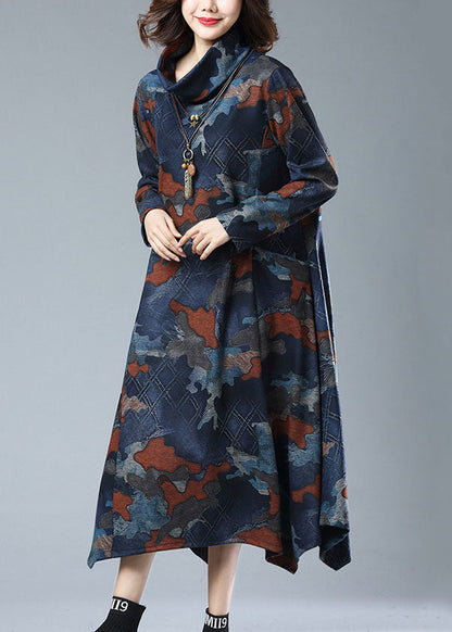Navy Print Pockets Patchwork Cotton Long Dresses Fall
