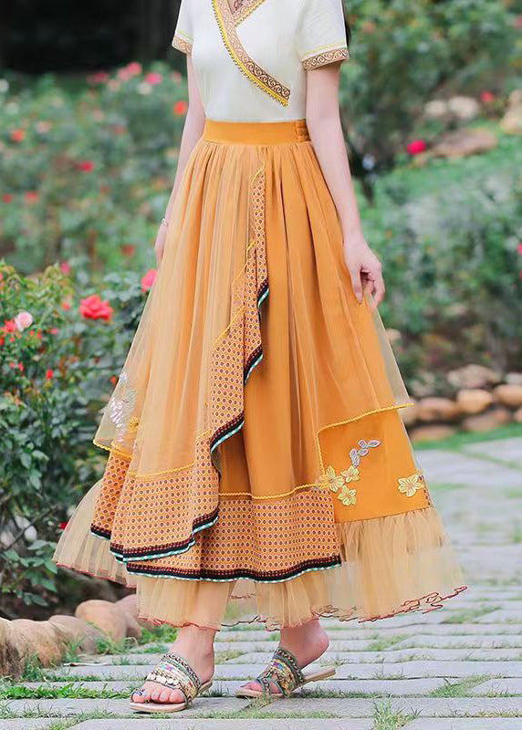Yellow Asymmetrical Patchwork Tulle Skirts Spring