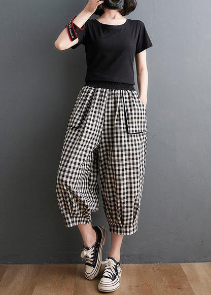 Plaid Elastic Waist Harem Pants Summer Cotton Linen