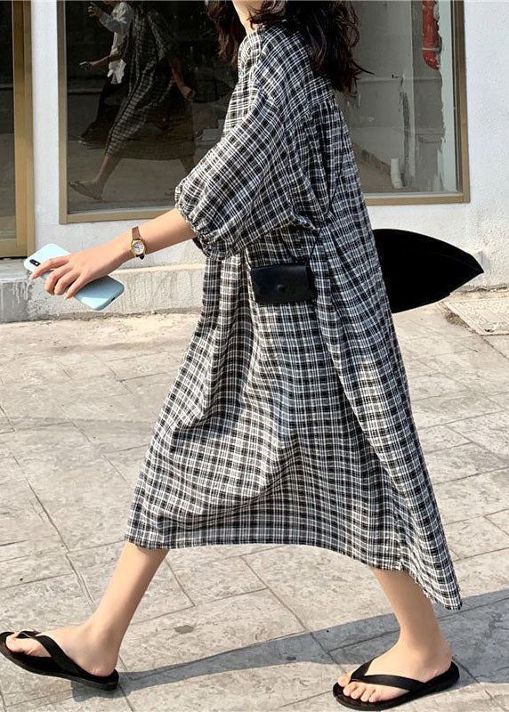 Black Cinched Plaid Cotton Maxi Dresses Half Sleeve