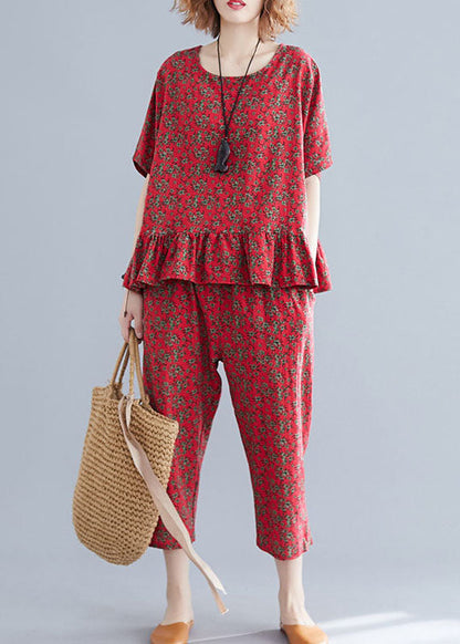 Handmade Red O-neck Patchwork Ruffled Cotton Two Pieces Set Short Sleeve