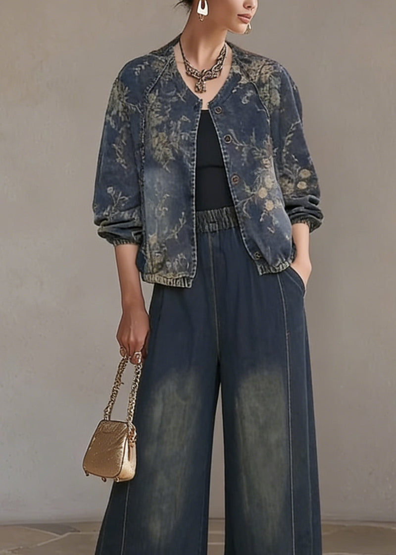 O Neck Print Denim Two Piece Set Outfits Spring