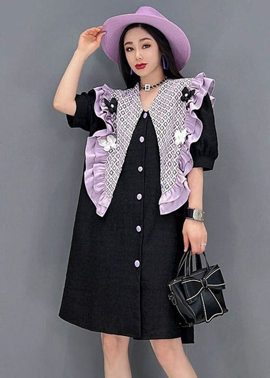Stylish Black Peter Pan Collar Patchwork Ruffled Cotton Dresses Short Sleeve