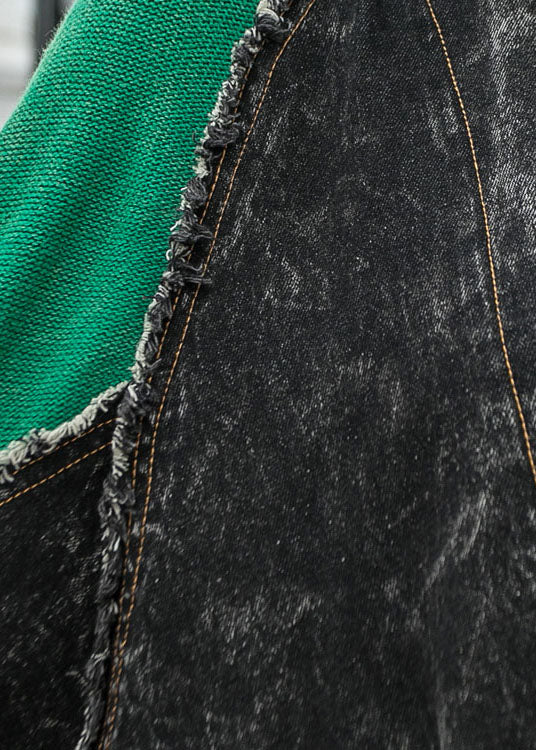 Loose Denim Patchwork Knit V Neck Pockets Button Fall Jacket Long Sleeve