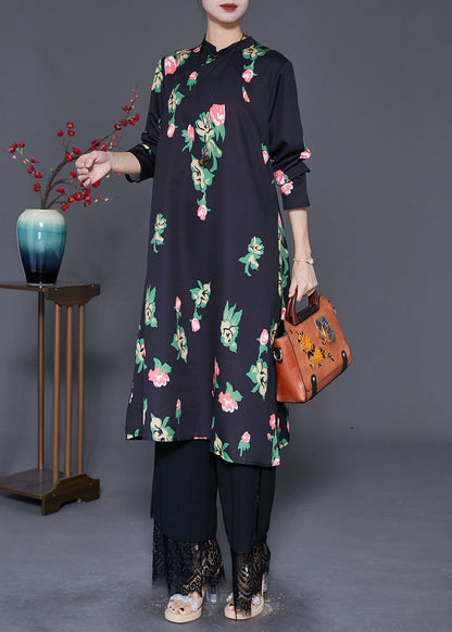 Black Mandarin Collar Print a Line Dress Fall