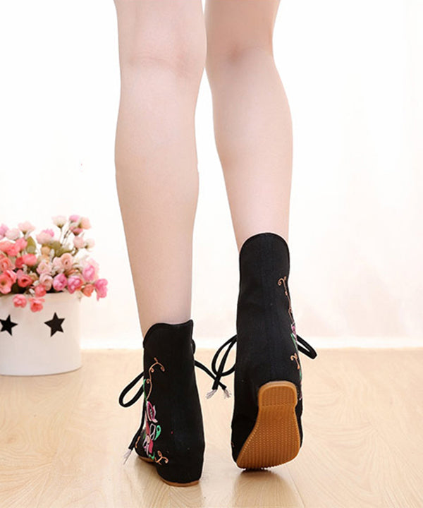 Cross Strap Embroideried Ankle Boots Black Cotton Fabric