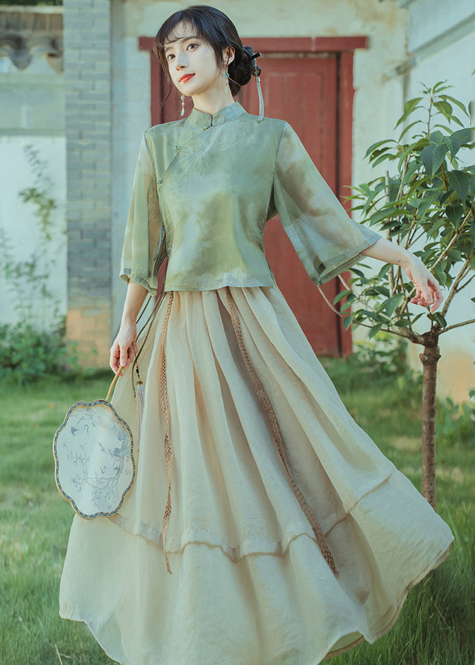 Chinese Style Green Print Tops and Light Khaki Pleated Skirt Chiffon Two Pieces Set Summer