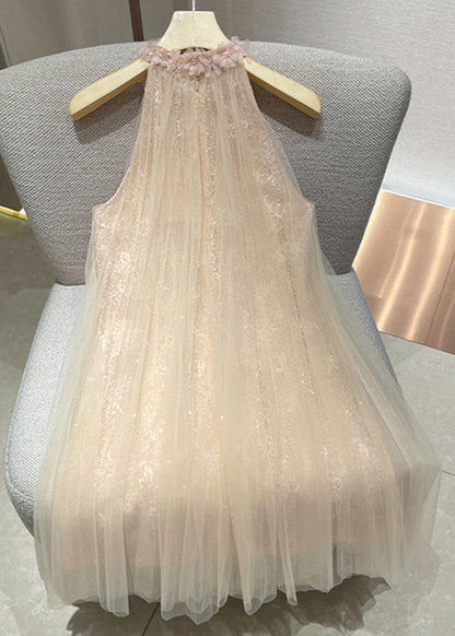 Pink Sequins Tulle Mini Dress Sleeveless