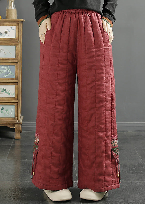 Red Embroideried Pockets Fine Cotton Filled Wide Leg Pants Winter